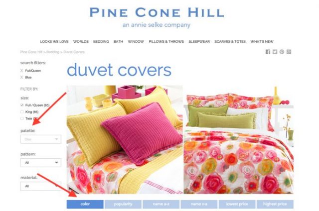 A screenshot of Pine Cone Hill's website and color palette.
